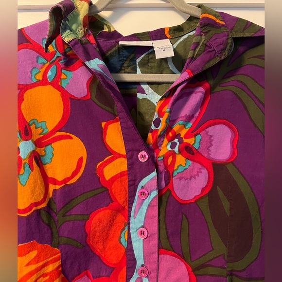 Soft Surroundings Sadie Purple Floral Button Front Longline Tunic Top Pockets Sm - Picture 2 of 8